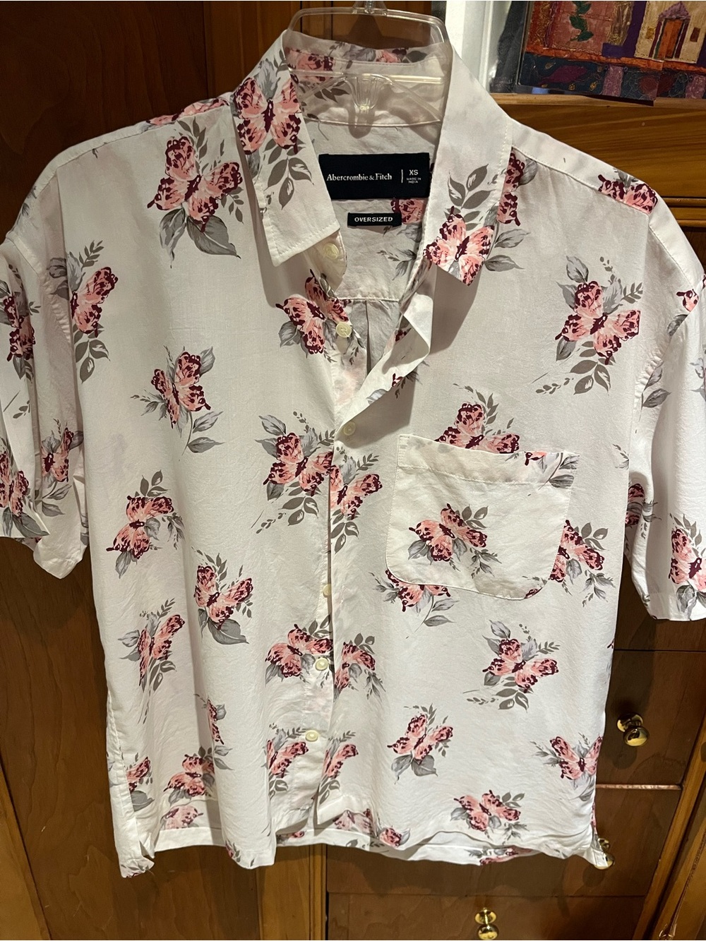Abercrombie & Fitch White Short-Sleeve Button-Up with Pink Floral Print